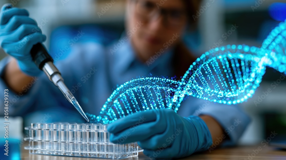 Naklejka premium Lab technician transferring liquid in genetics research lab with digital DNA interface