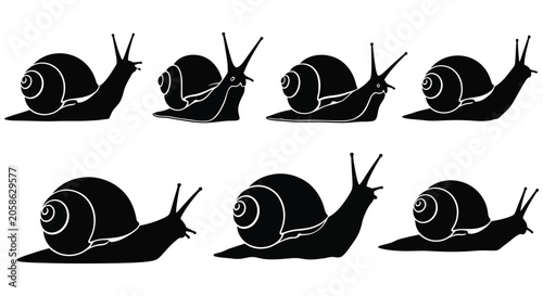 Bild auf Leinwand Black Silhouette Of Snails In Various Poses Vector Illustration
