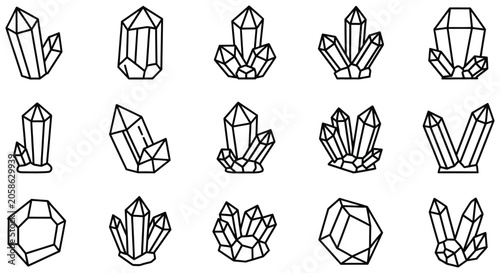 Crystal Shapes Collection Black Line Vector Illustration On White Background