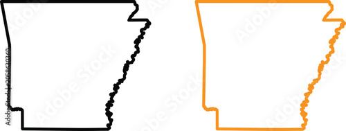 Black and orange outline map shapes of the us state of arkansas