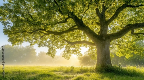 Golden Sunlight Dappling Through Fresh Green Leaves of an Oak Tree