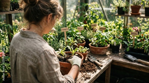 Woman gardening in greenhouse potting plants with soil, organic farming and horticulture concept, growing vegetables and herbs at home, sustainable lifestyle