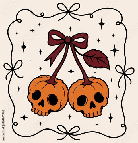 Cute Coquette Halloween Skull Pumpkin Cherries with Bow Illustration