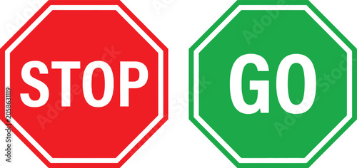 Fotografía Red stop sign and green go sign octagonal road traffic symbols