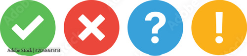 Set of colorful circular icons with check mark cross mark question mark and exclamation point