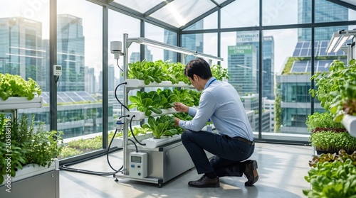 Man inspecting fresh lettuce plants in vertical hydroponic farm inside greenhouse, urban agriculture technology, sustainable food production system