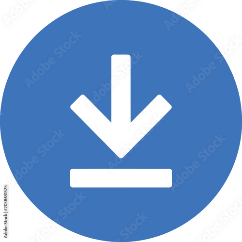 White download icon with an arrow pointing down inside a solid blue circle button