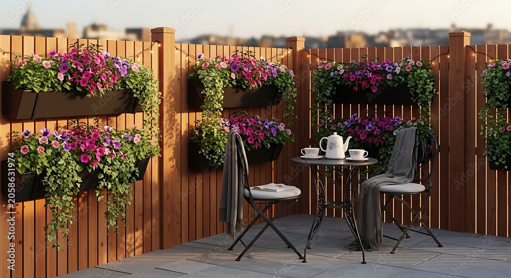 Fototapeta premium Cozy rooftop patio with wooden fence, vibrant hanging flower planters, and a small table set for tea.