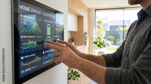 Man interacting with home energy ecosystem touchscreen dashboard displaying solar generation, battery storage