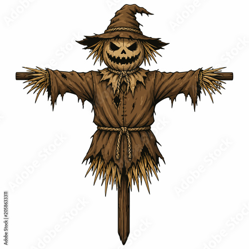Creepy Halloween Scarecrow Vector Illustration with Pumpkin Head Hat