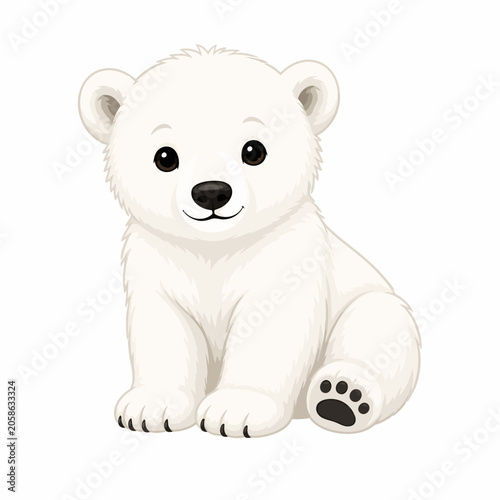 Cute baby polar bear cub vector illustration sitting on white