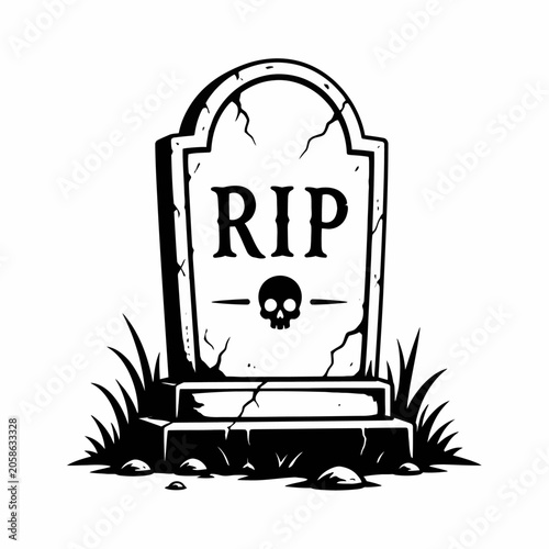 RIP Tombstone Illustration with Skull Icon Vector Graveyard Design