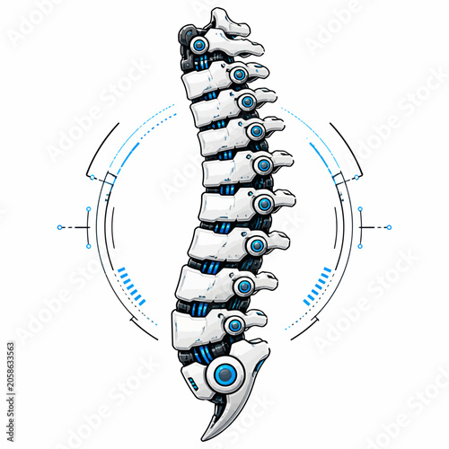 Robotic Human Spine Vector Illustration with Futuristic HUD Elements