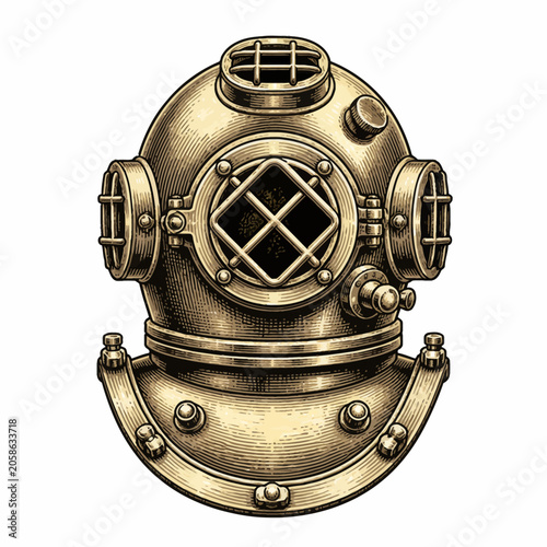 Vintage Antique Deep Sea Diving Helmet Vector Illustration Design