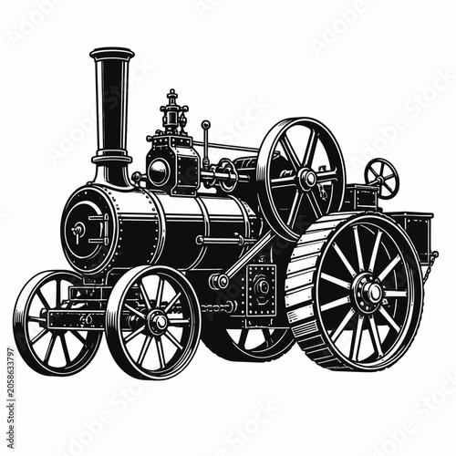 Vintage Steam Tractor Vector Illustration Isolated on White Background