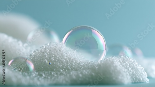 Blue Foam Bubble Frame Background with Macro Water Texture for Cleaning and Skincare Banner. Banner for laundry and cleaning services, spa, beauty and skin care concept
