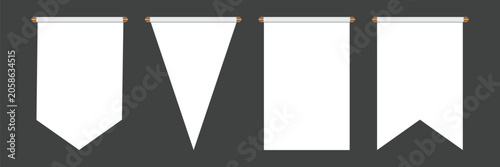 Photography set of white pennant flags mock up, blank vertical banners on flagpole
