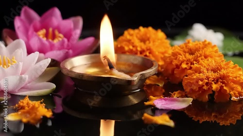 Lit Brass Oil Lamp With Vibrant Pink Lotus And Orange Marigold Flowers On Still Water Background