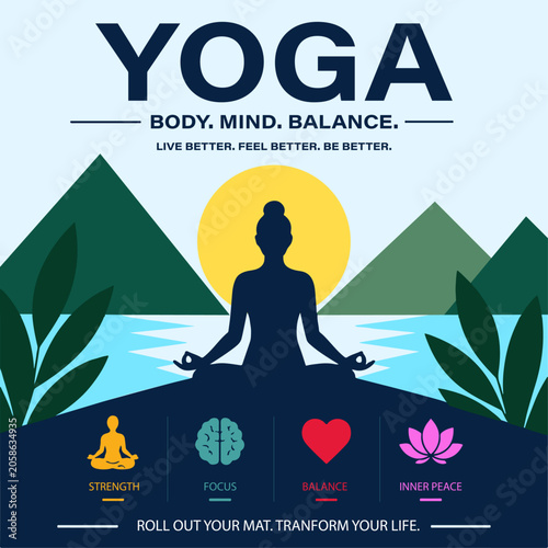 International Yoga Day Poster with Diverse People Practicing and Nature Elements