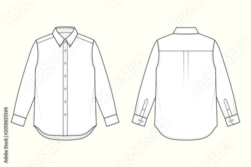Fotografie Modern Button-Down Long Sleeve Shirt with Curved Hem Technical Flat Sketch