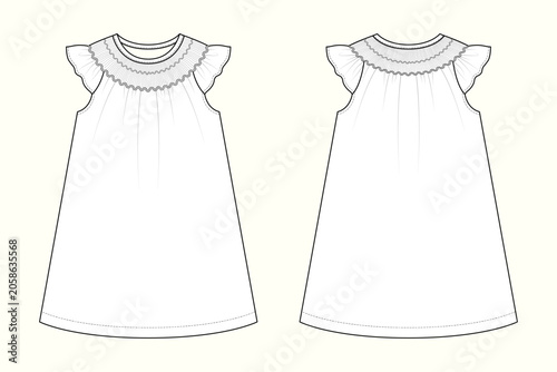 Photos Toddler Girls Smocked Yoke A-Line Dress with Ruffled Cap Sleeves Technical Flat