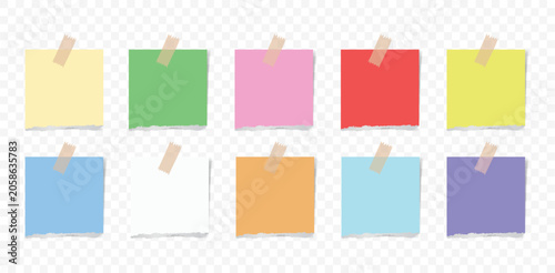 Colorful Pastel Sticky Torn Notes and Memo Paper Collection with Tape Isolated on White Background