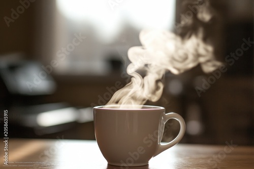 Steaming Coffee Mug in Foreground, Blurred Shot, Gigapixel