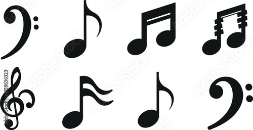 Schilderij op canvas Musical notes vector silhouette collection set with treble clef bass clef and eighth note icon symbols
