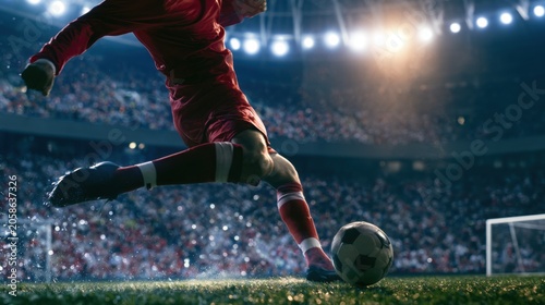 Soccer player in red strikes ball with power, aiming for goal in brightly lit stadium filled with spectators