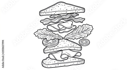 Exploded View Illustration of a Turkey and Bacon Club Sandwich