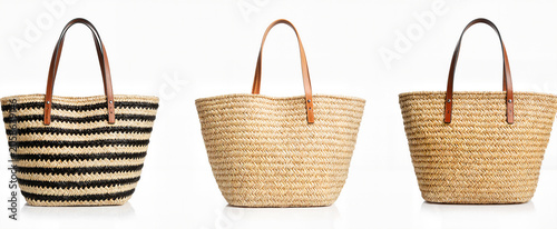 Striped woven straw tote bag with leather handles