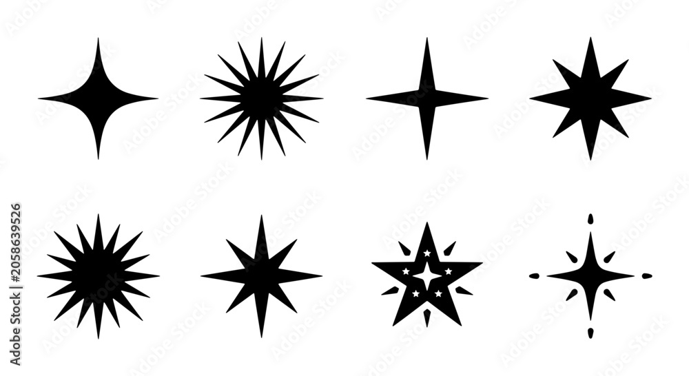 Obraz premium Sparkle Starburst Icons Set: Black Glittering Star Shapes, Festive Celebration Elements, Shiny Twinkle Graphics
