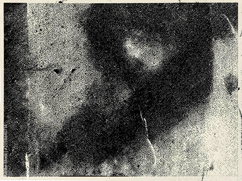 Abstract: Risograph scan texture overlay with stipple grain and photocopy artifacts; irregular registration misalignment.