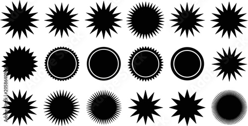 Assortment of black starburst and circular badge shapes on white background icon