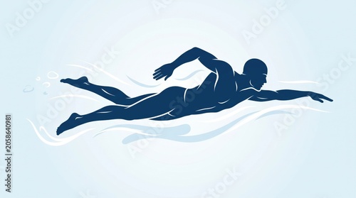 Dynamic Freestyle Swimmer Silhouette With Wave Background and Fluid Motion Design