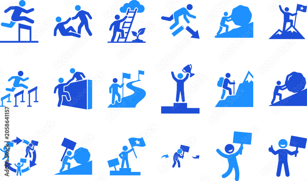 Fototapeta premium Teamwork and cooperation icons depicting people helping each other overcome obstacles.