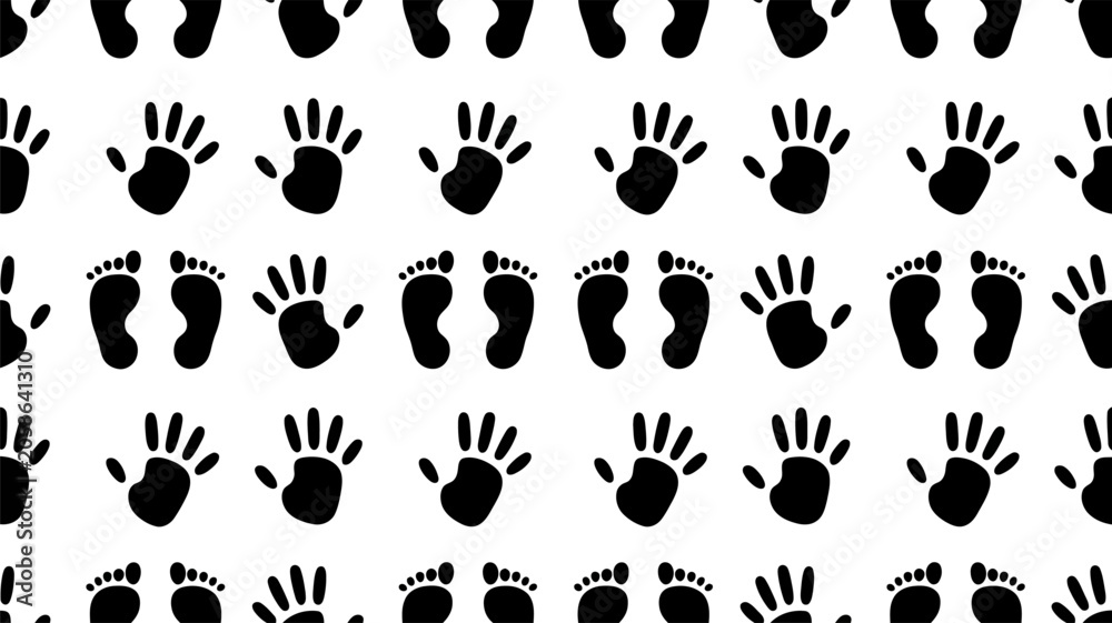 Fototapeta premium Black and white pattern of baby handprints and footprints in rows vector illustration