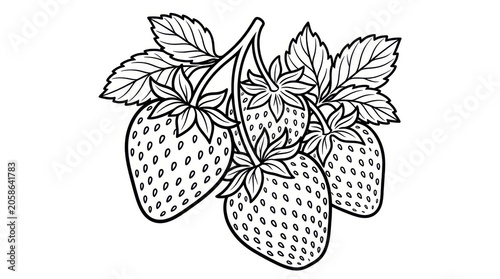 Black and white line art illustration of a cluster of strawberries