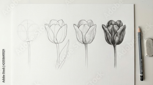 Four Stages of Drawing a Tulip Flower Tutorial Illustration