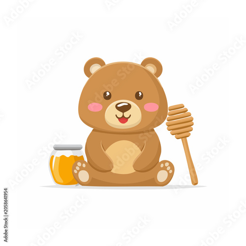 Cute cartoon bear with honey jar and dipper