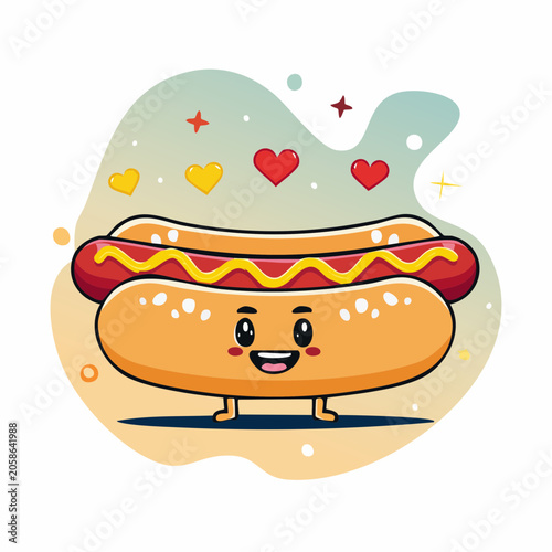 Cute Kawaii Hot Dog Character with Hearts