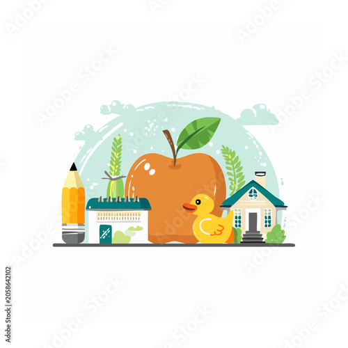 Flat illustration of apple, rubber duck, pencil, and house