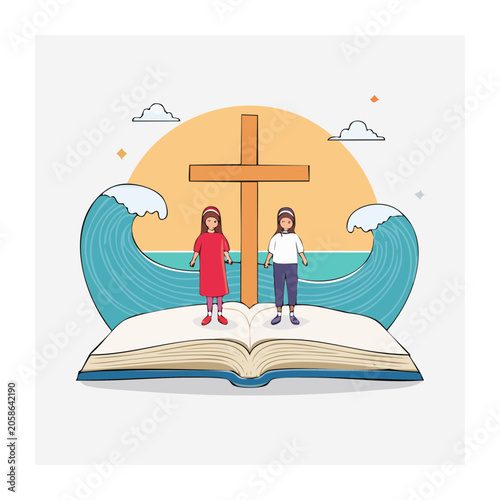 Religious scene with girls and cross illustration