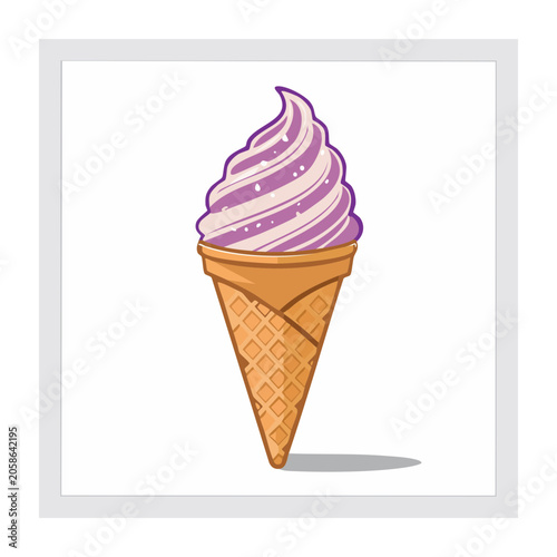 Purple and white swirl soft serve ice cream in waffle cone