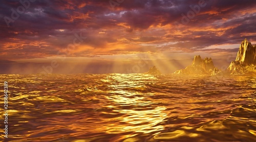 Beautiful orange sunset over a calm lake with reflections on the water and colorful clouds across the evening sky
