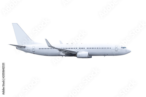 Modern white passenger airliner fly isolated