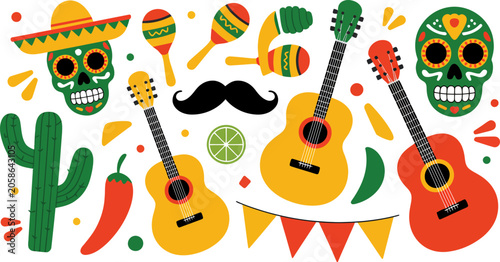 Mexican Fiesta Elements Skull Cactus Guitar Maracas Sombrero Chili Pepper mexico celebration