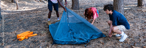 Canvas Print Multiethnic teenagers and adult assembling blue tent flysheet in pine woodland on needle-covered ground