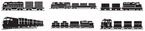 Freight train silhouettes with cargo wagons and locomotives isolated on black background for transport design