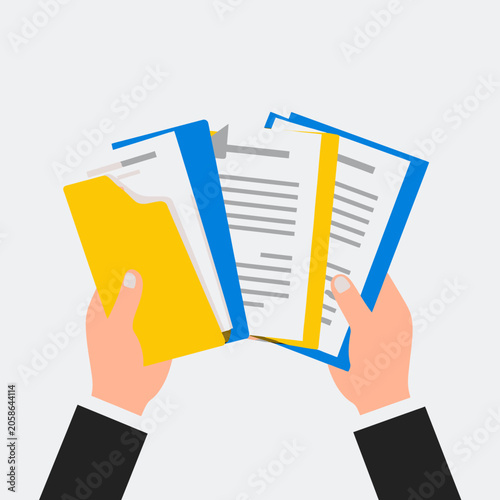 Hands holding business folders and documents illustration.